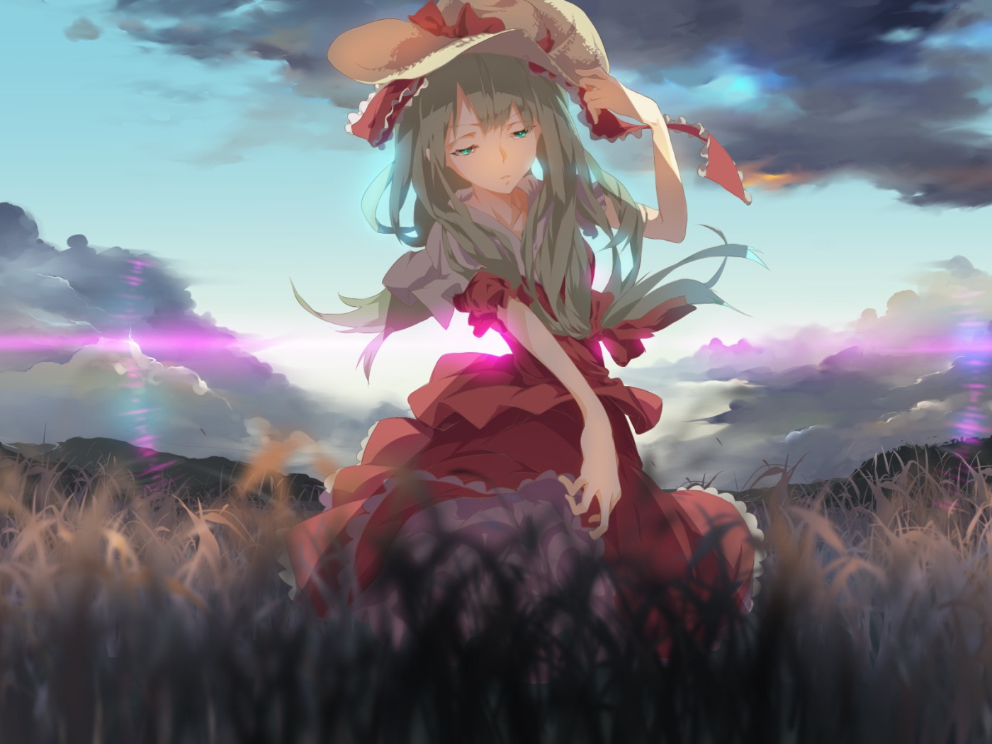 Девушка в шляпе идет по полю, аниме Kagiyama Hina