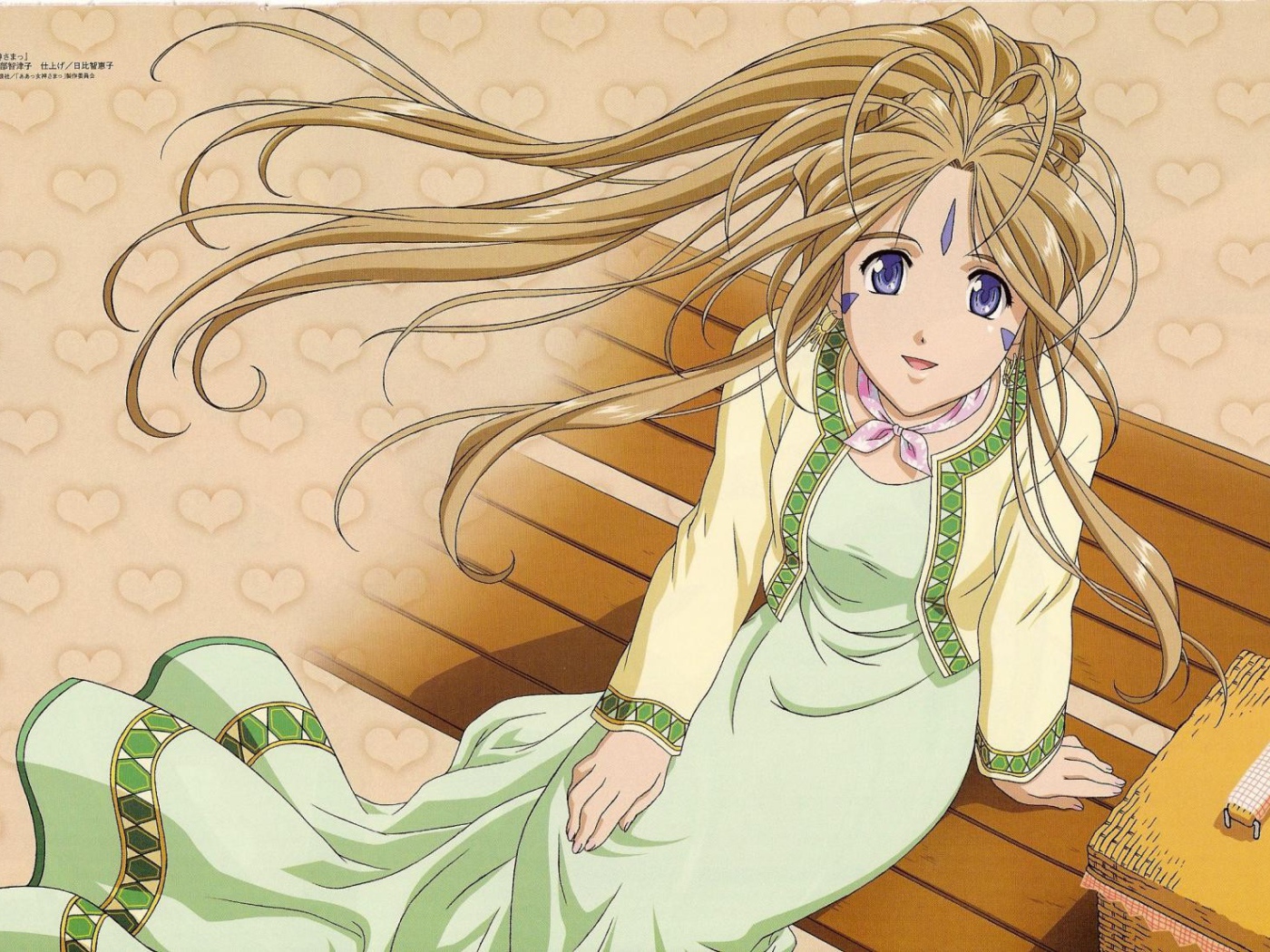 Девушка на скамье в аниме Belldandy