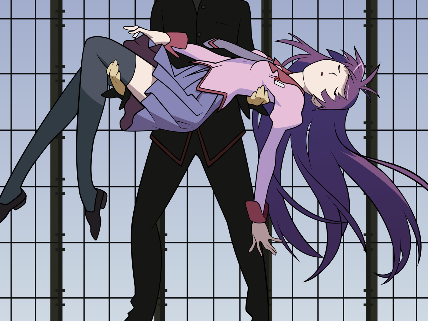 Парень держит девушку на руках в аниме Monogatari Series