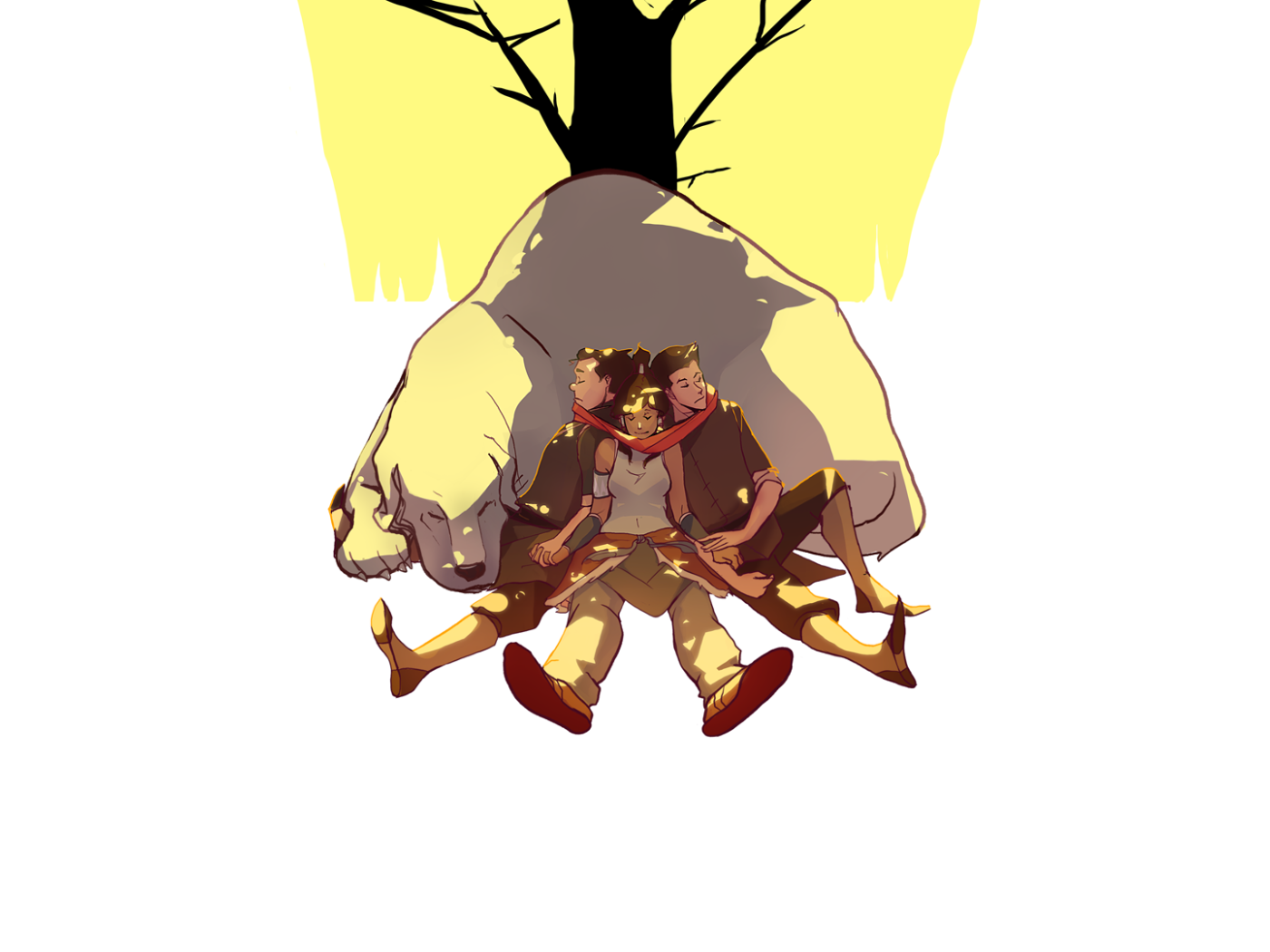 Три персонажа аниме Легенда о Корре спят у бока животного