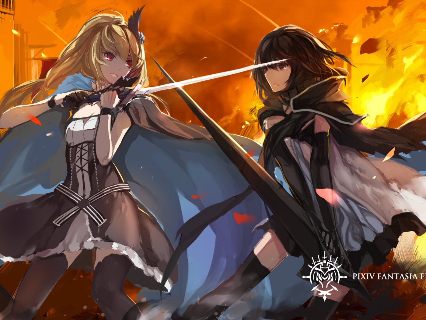 Две девушки на фоне огня, аниме Pixiv Fantasia