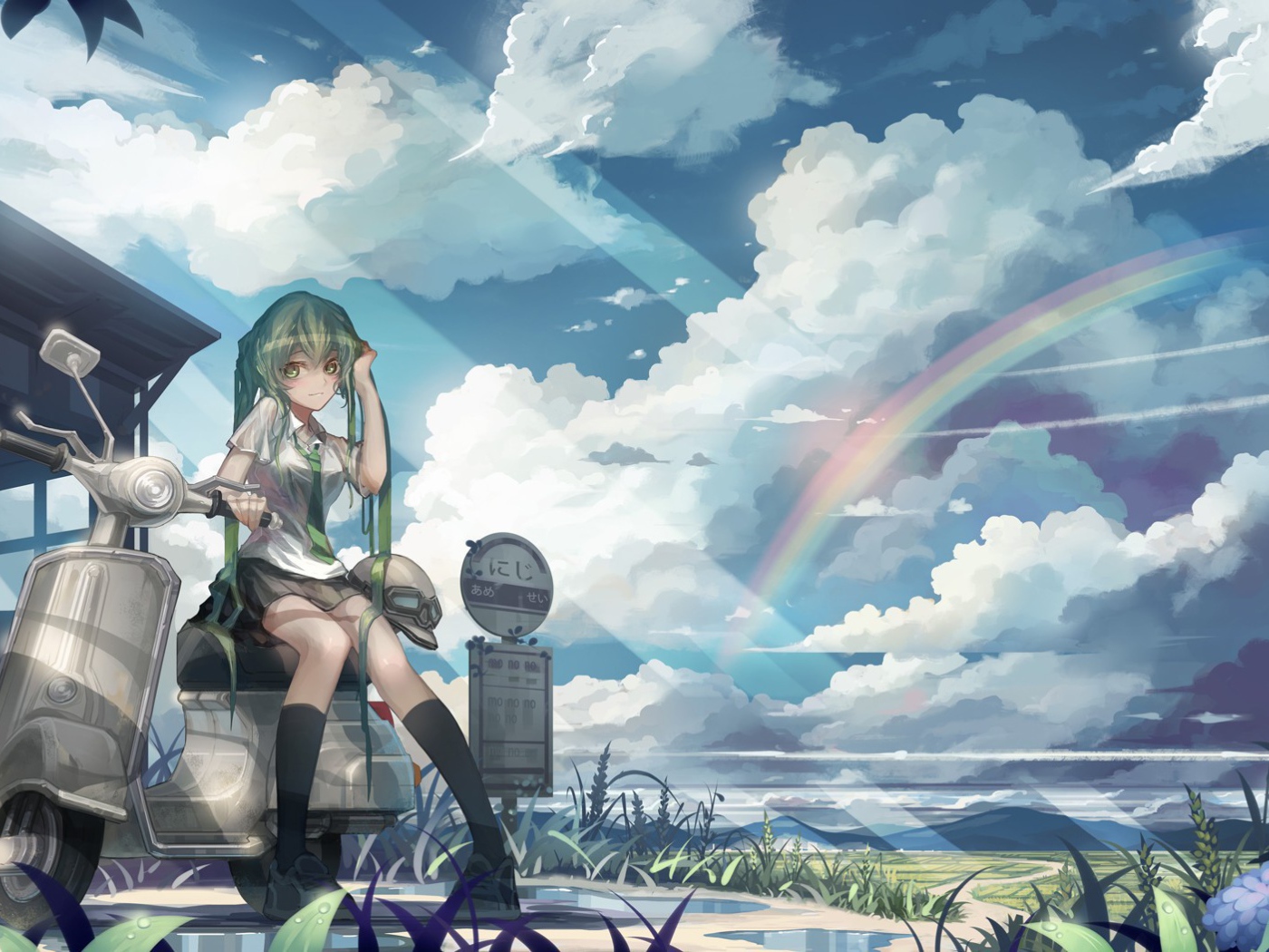 Вокалоид Hatsune Miku на фоне радуги, аниме