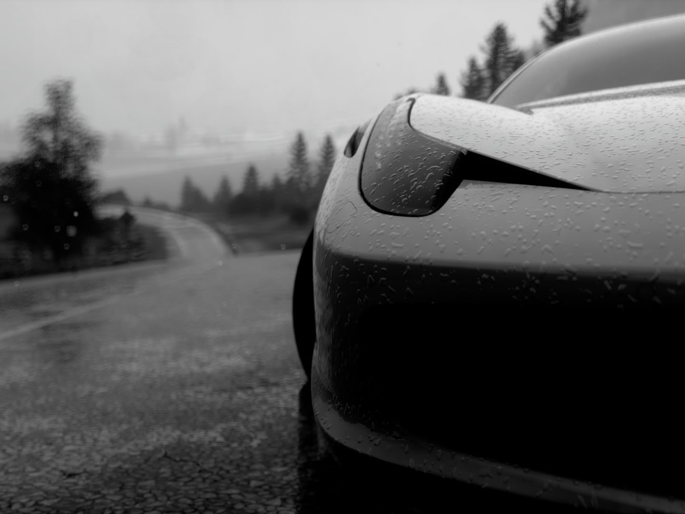 Черно белое фото авто под дождем