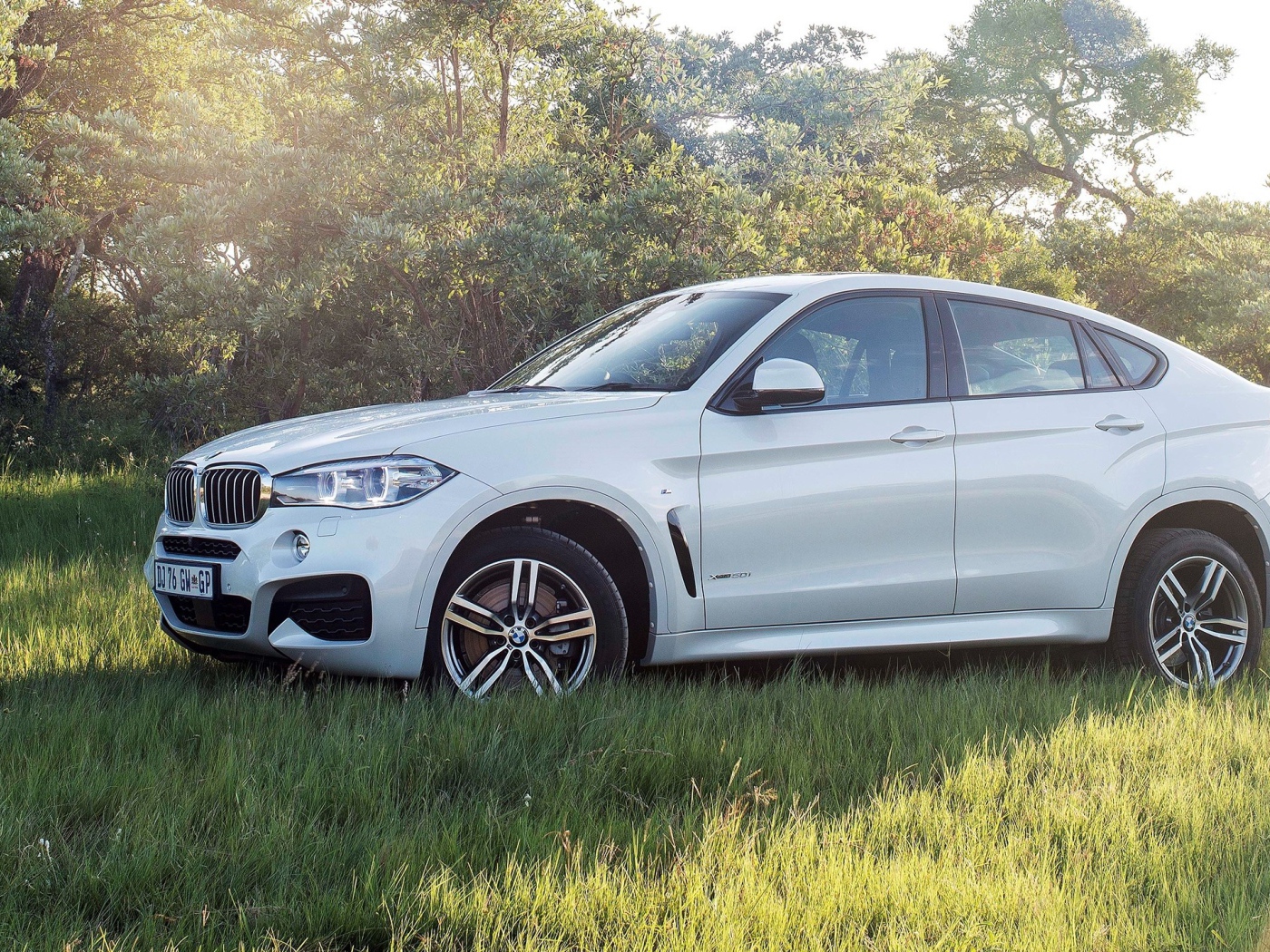 Полноприводный белый BMW на траве