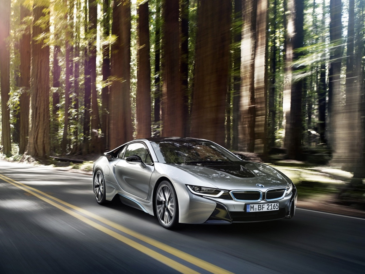 Новый BMW i8 на дороге в лесу