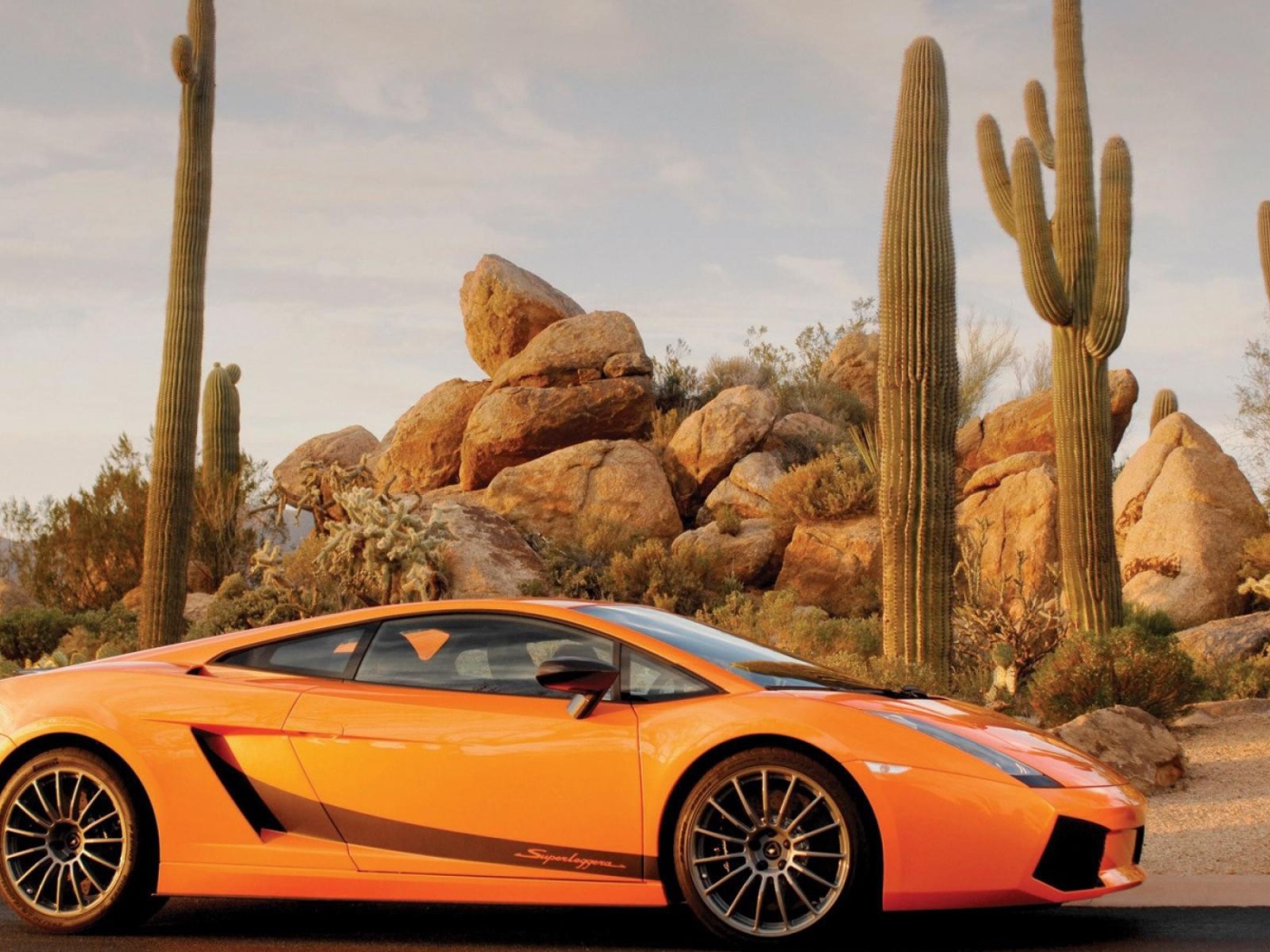 Оранжевый Ламборгини на фоне кактусов