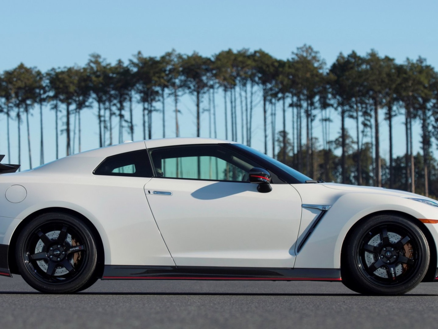 Белый Nissan GT-R на фоне деревьев