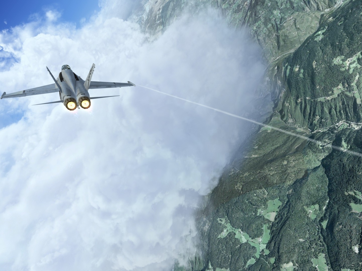 Истребитель летит сквозь облако в горах