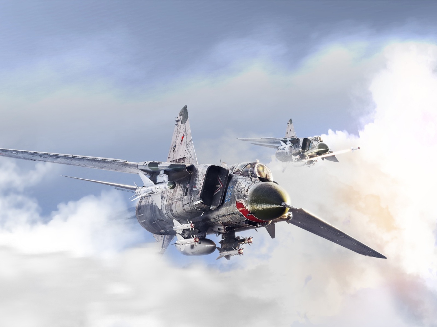 Два истребителя Миг-23 в облаках