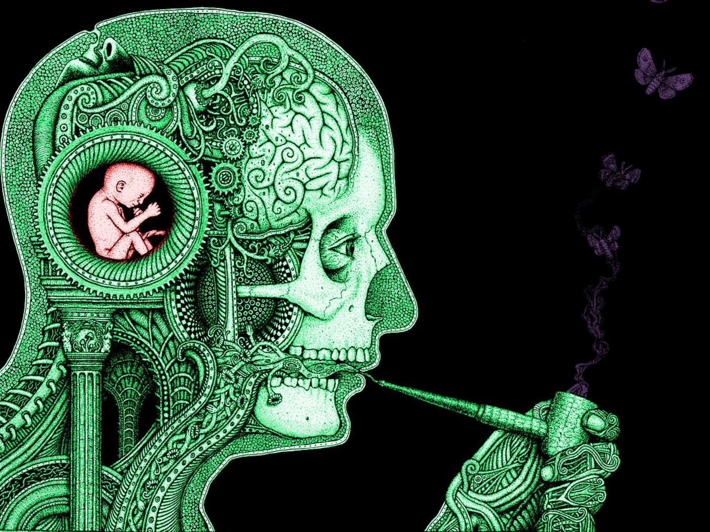 Зеленый силуэт курящего человека на черном фоне