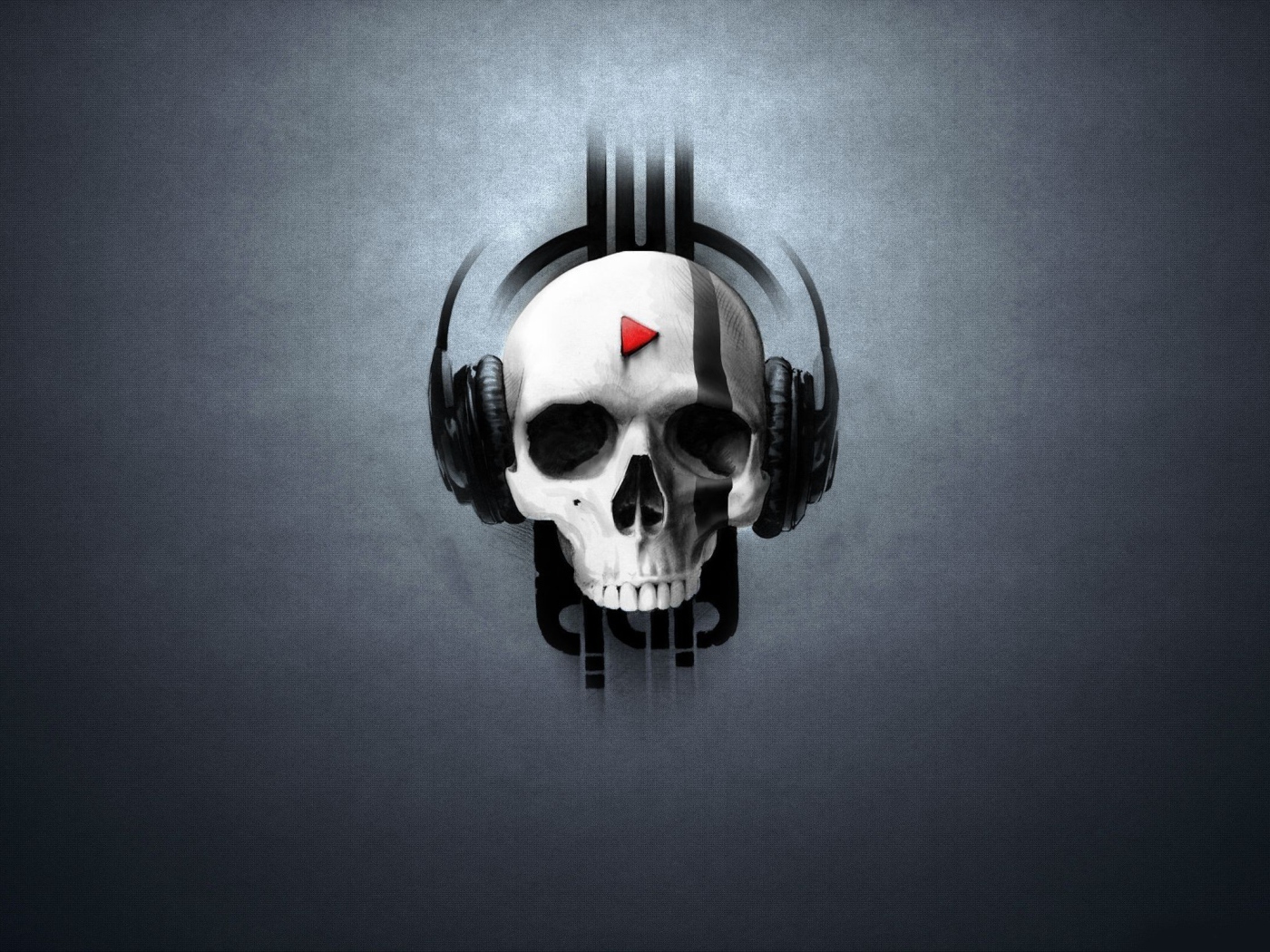 Череп в наушниках, серый фон