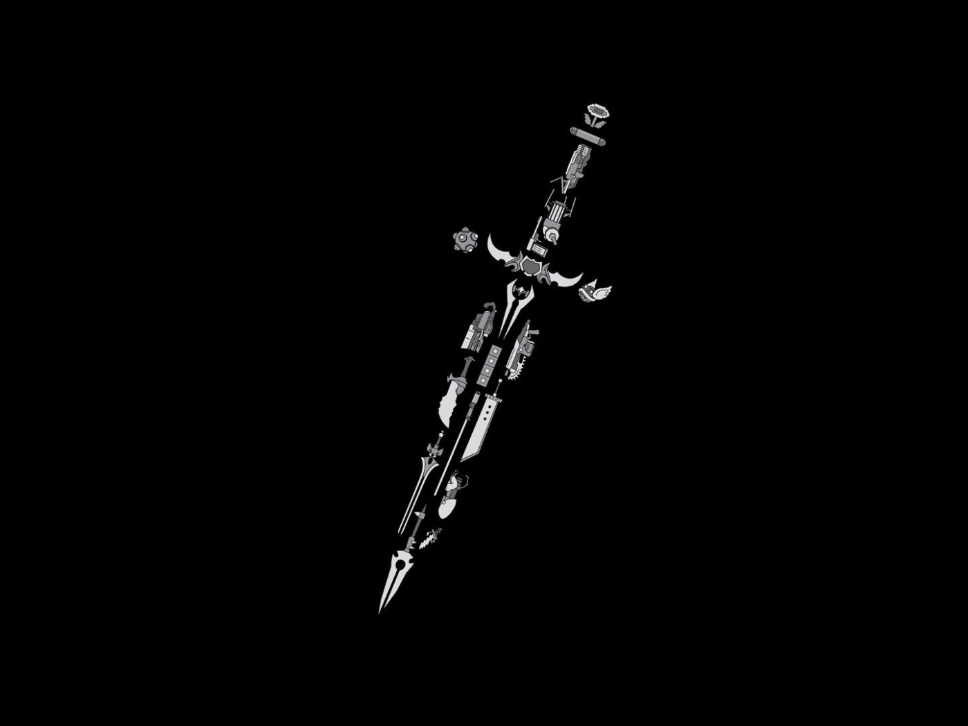 Меч из элементов разных игр, черный фон