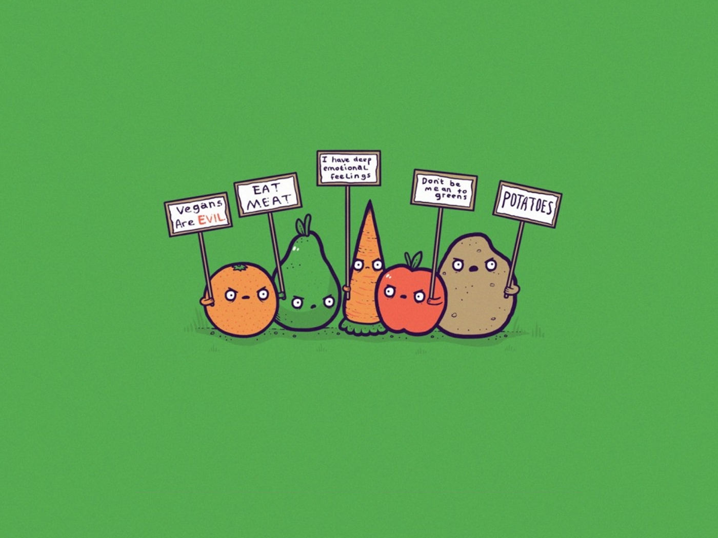 Овощи проводят митинг, зеленый фон