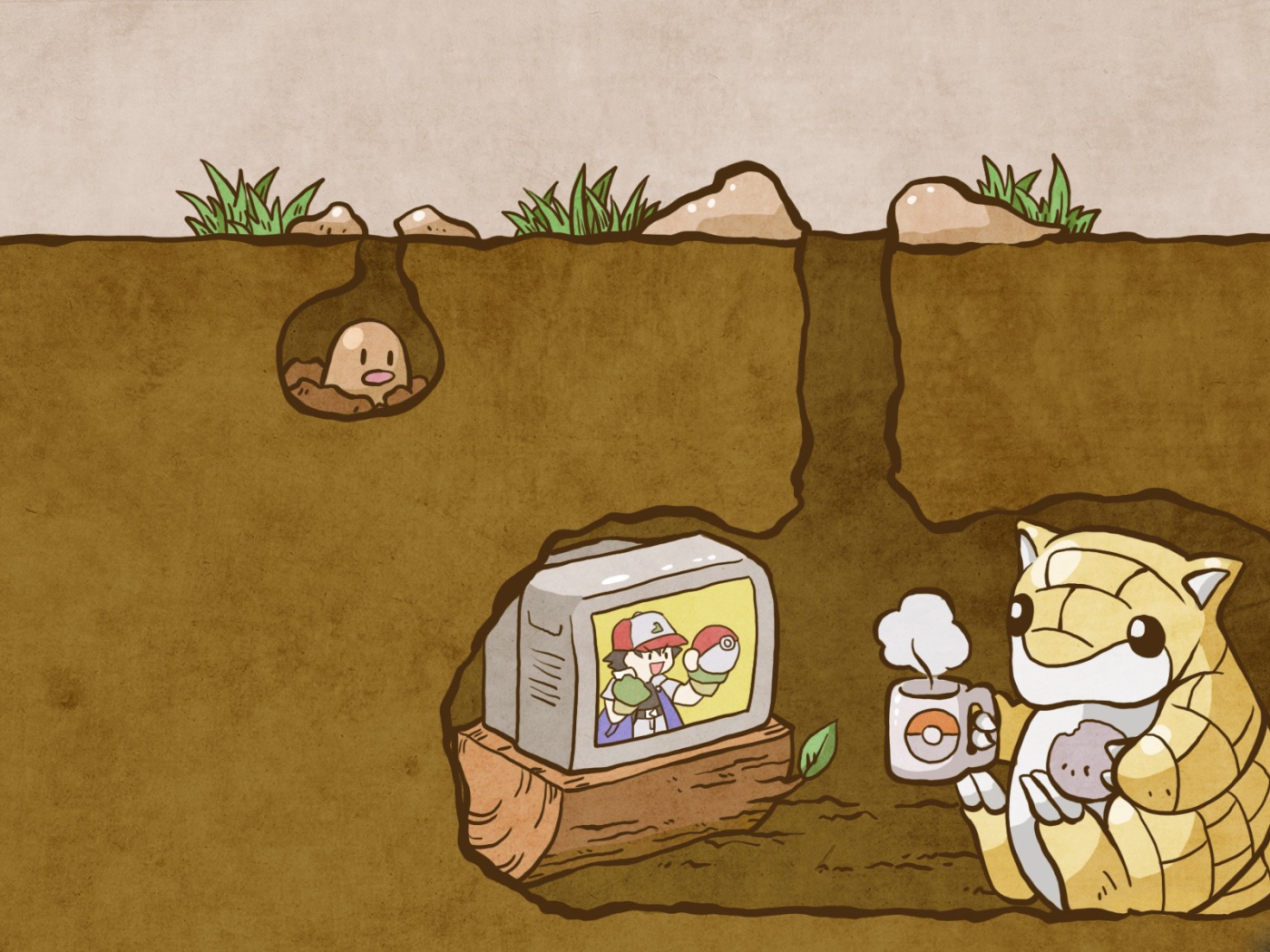 Покемон смотрит телевизор под землей