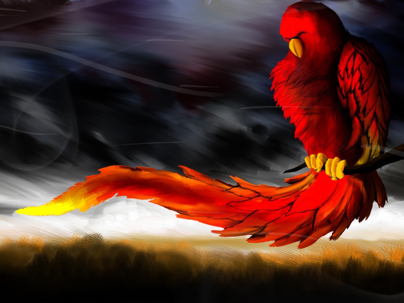 Красная птица ухватилась за ветку во время ветра