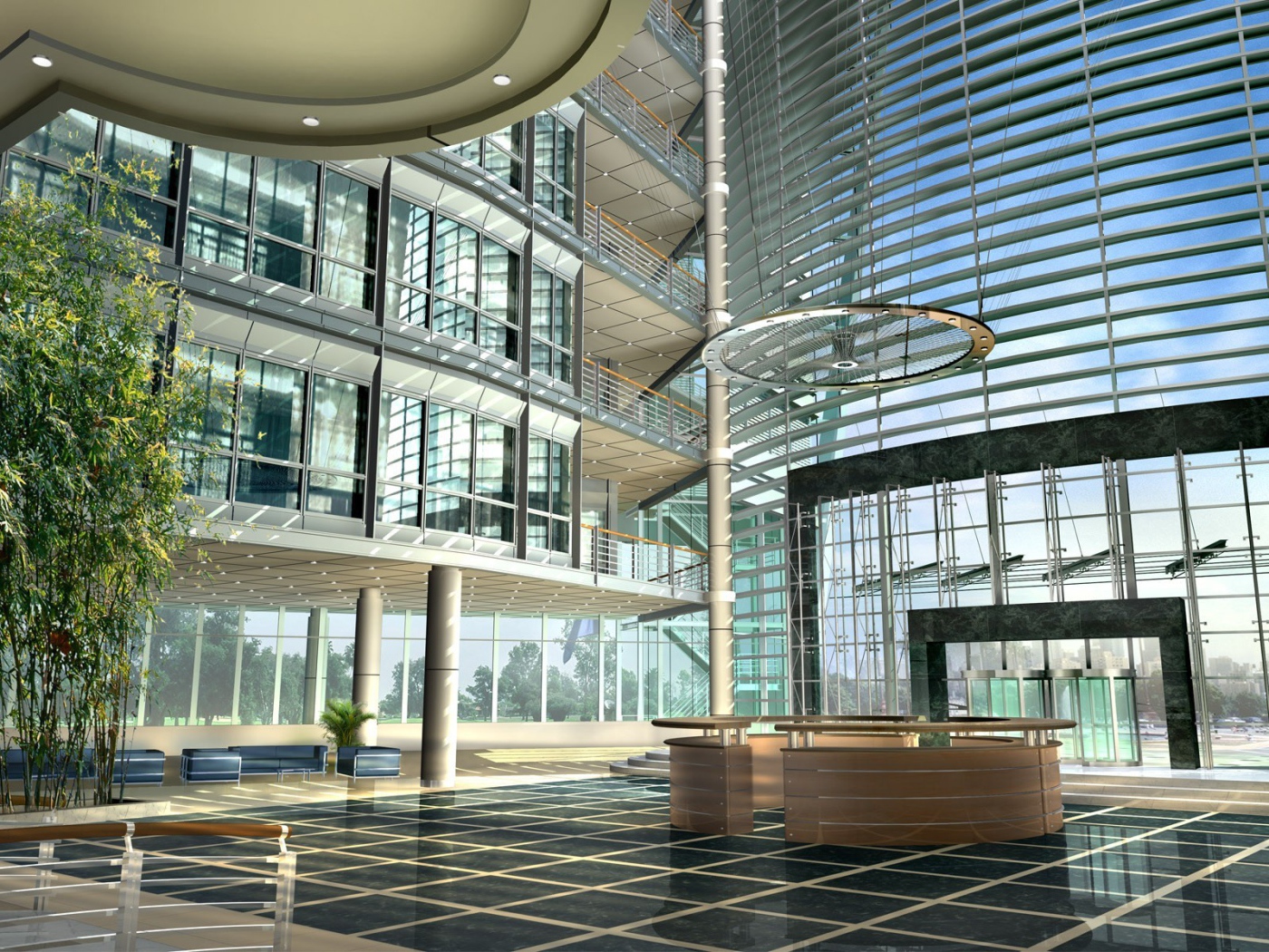 Интерьер холла стеклянного здания