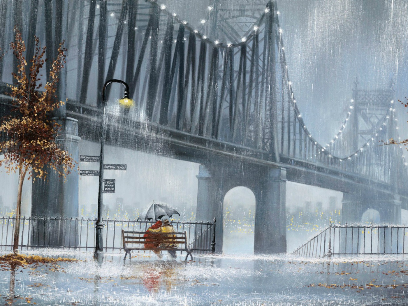 Влюбленные у моста под дождем