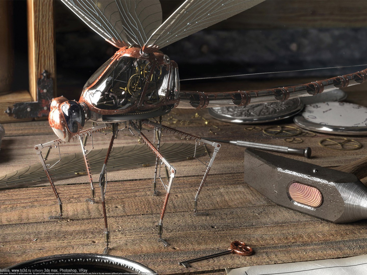 Механическая стрекоза в мастерской