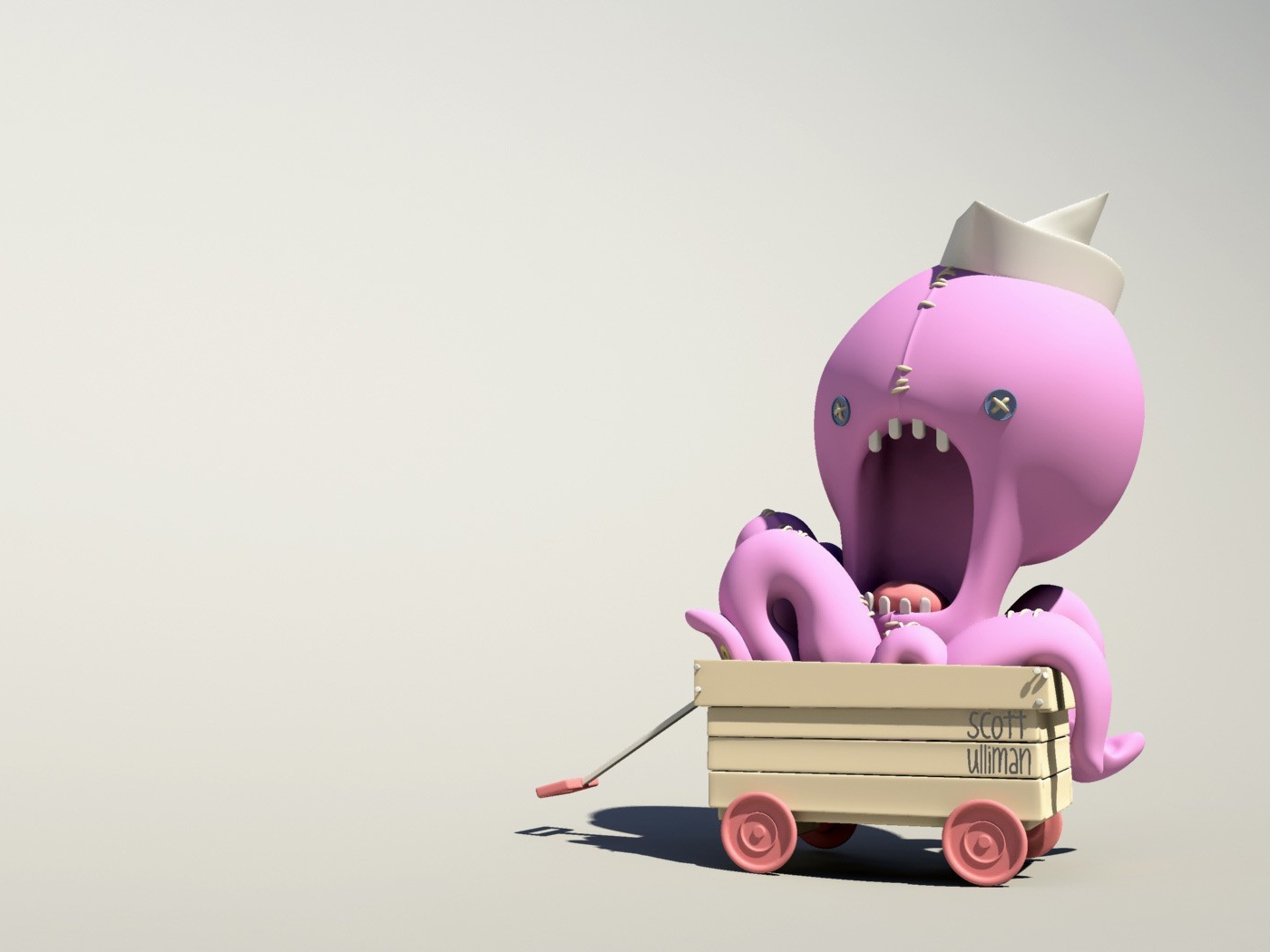 Розовый осьминог на тележке