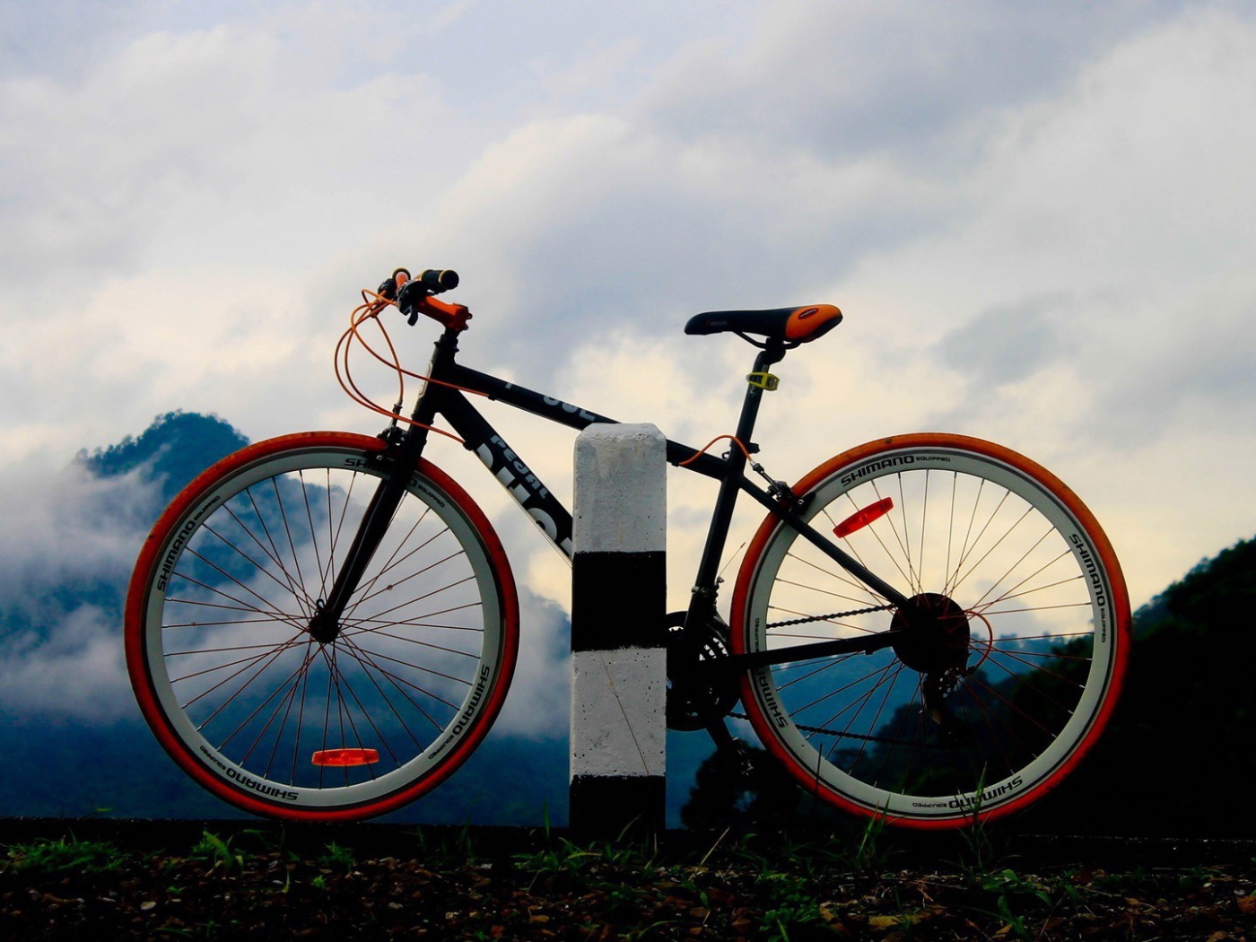 Спортивный велосипед у дорожного столбика