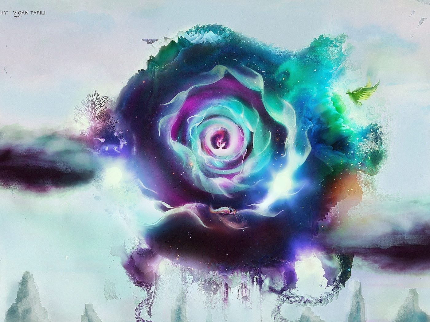 Вершины гор и птица