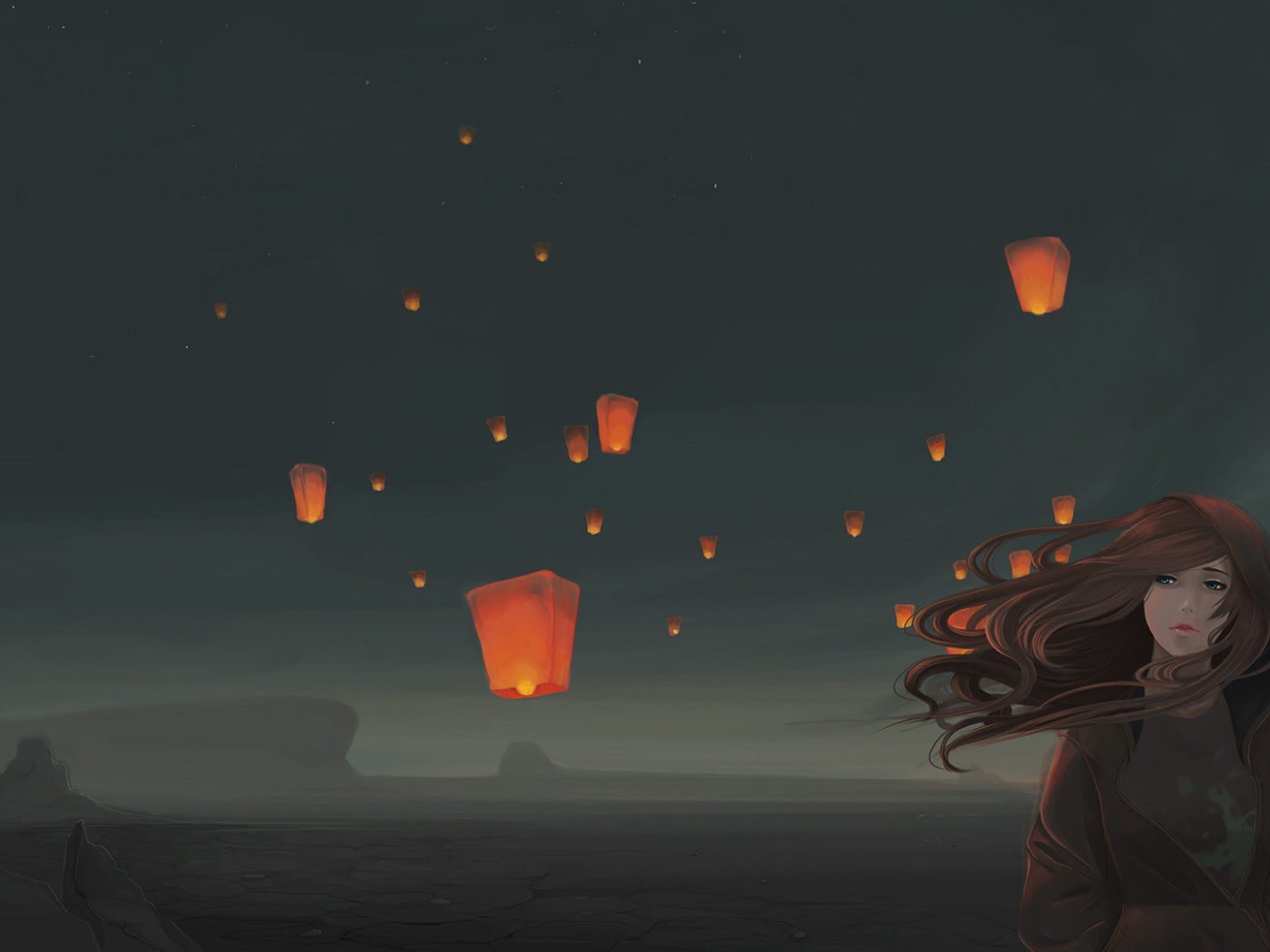 Китайские фонарики за спиной у девушки