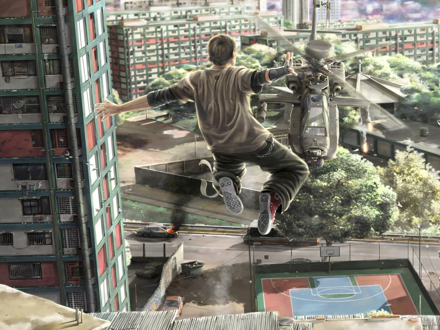 Паркурщик прыгает на вертолет