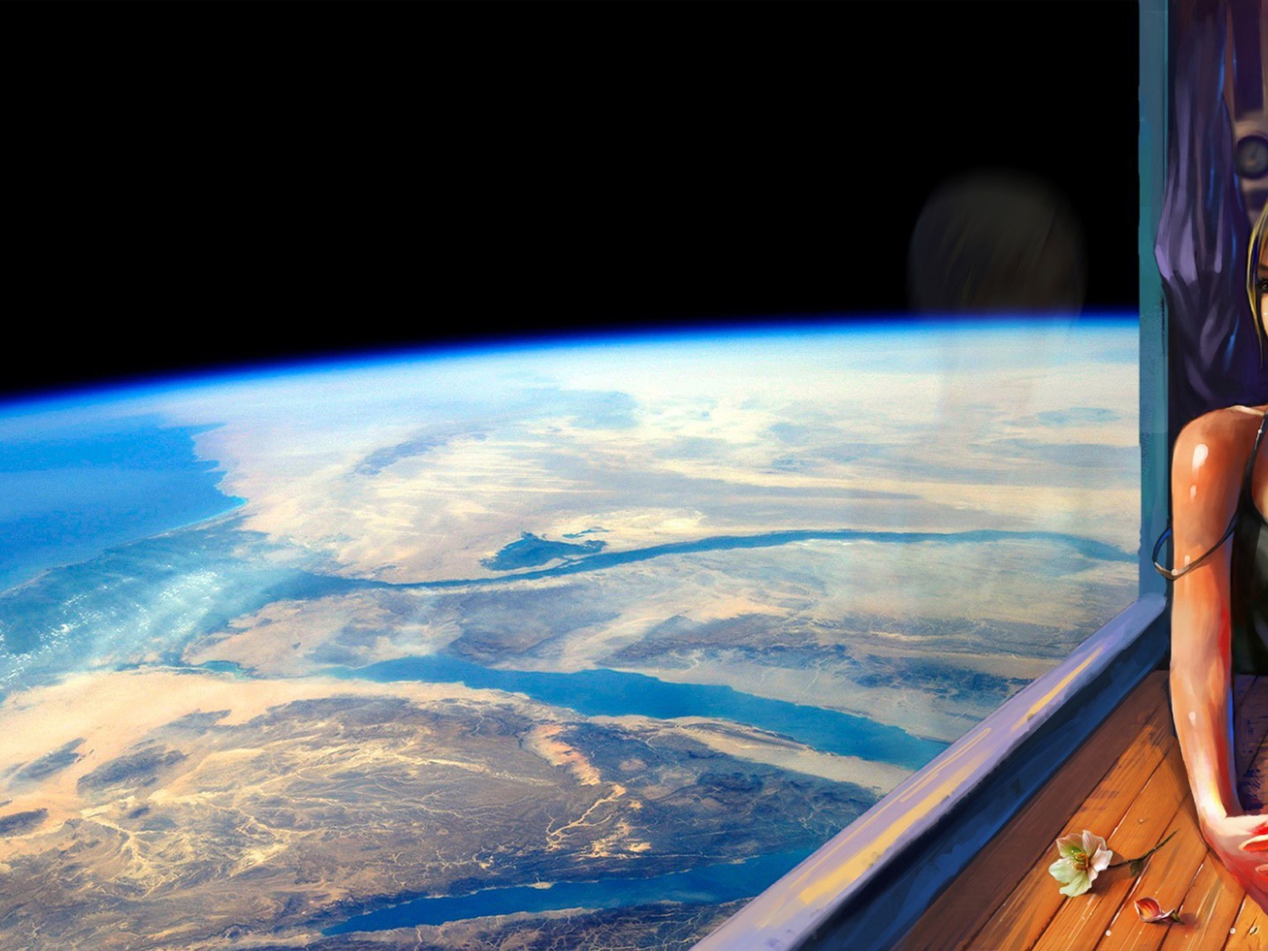 Девушка блондинка смотрит в окно на Землю