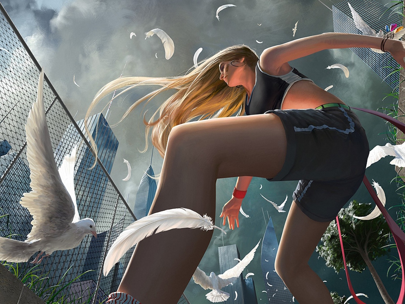 Девушка на площадке среди голубей, рисунок