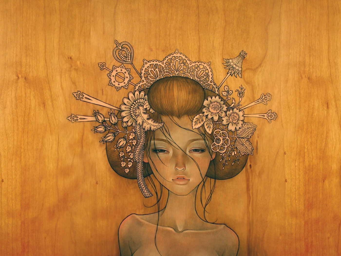 Девушка нарисованная на деревянной поверхности