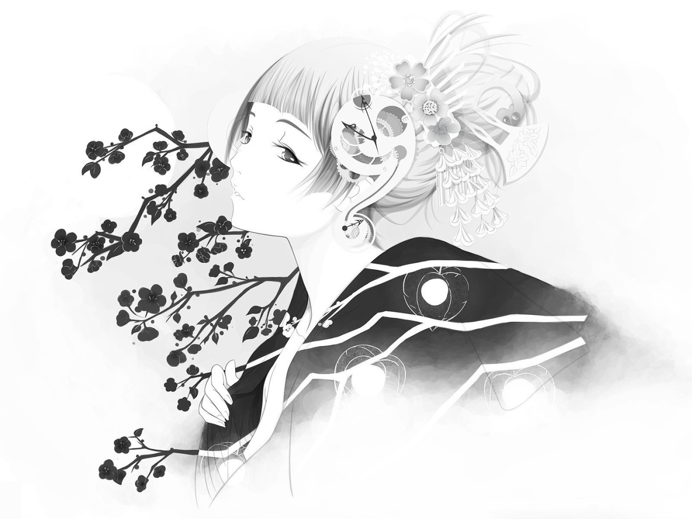 Японская девушка на рисунке карандашом