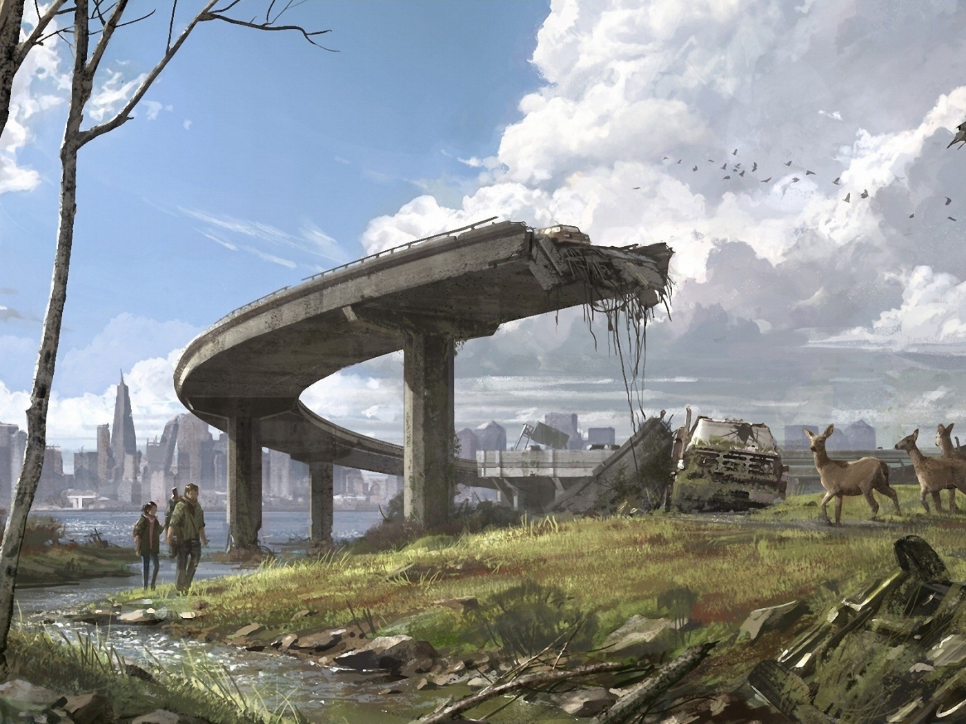 Стадо оленей у руин эстакады