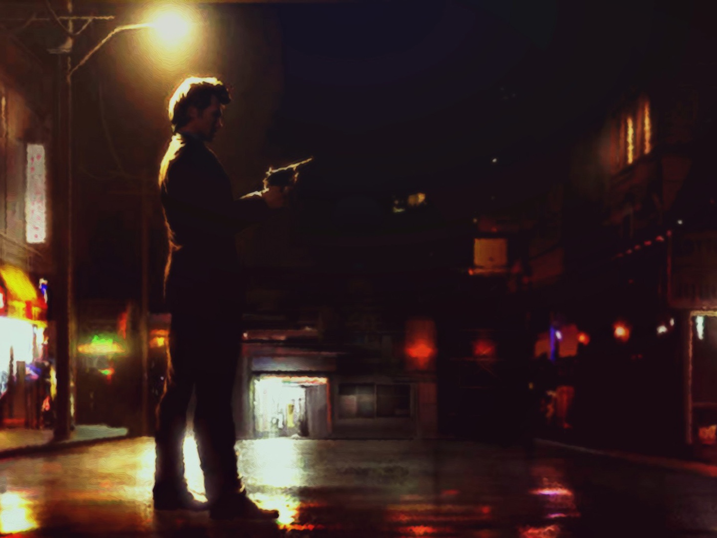 Мужчина с пистолетом на ночной улице