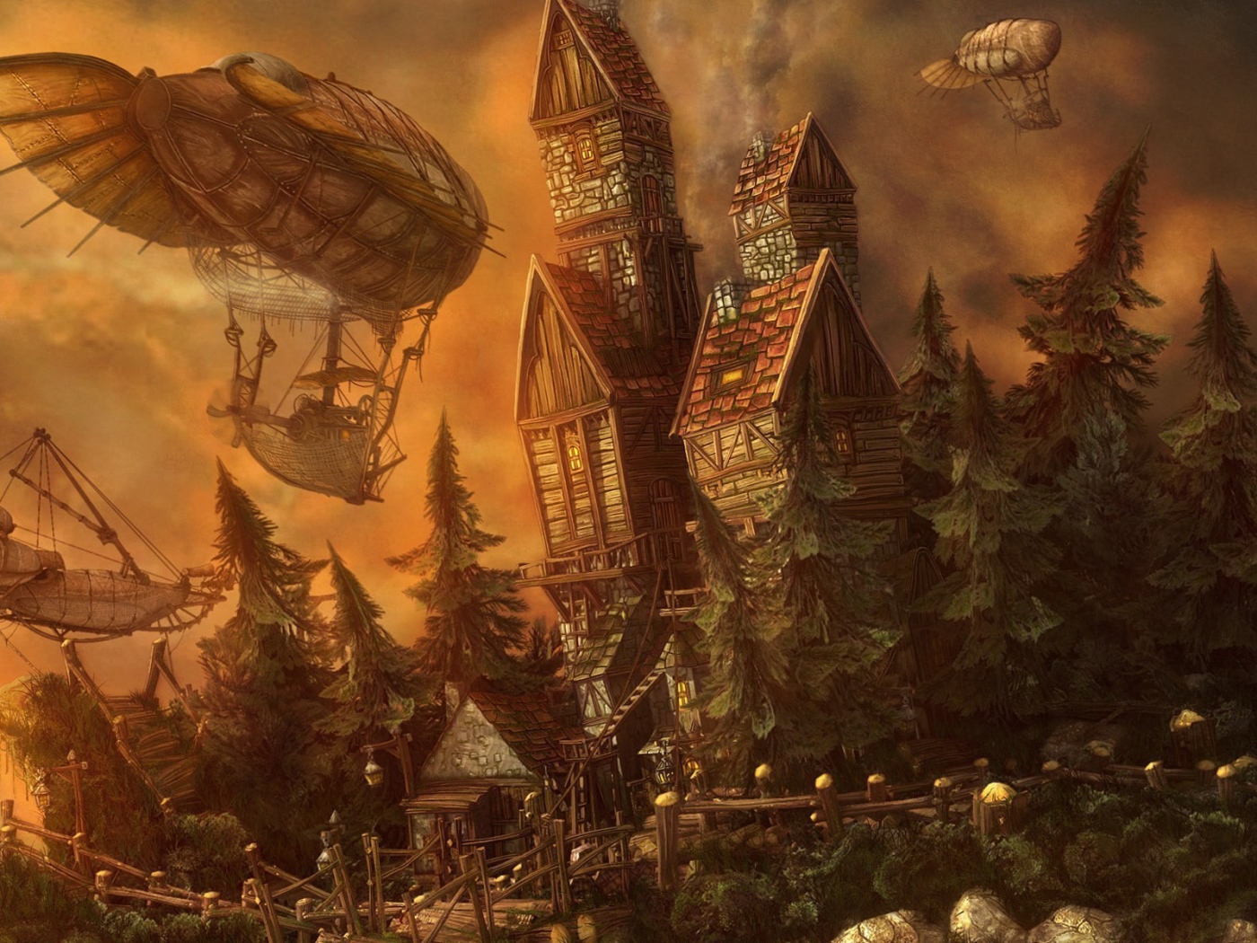 Дирижабли у замка в мире фэнтези