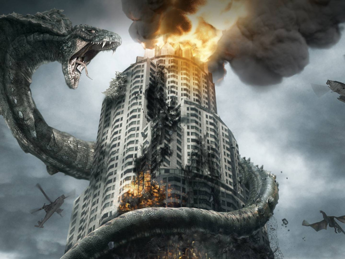 Дракон обвил пылающее здание