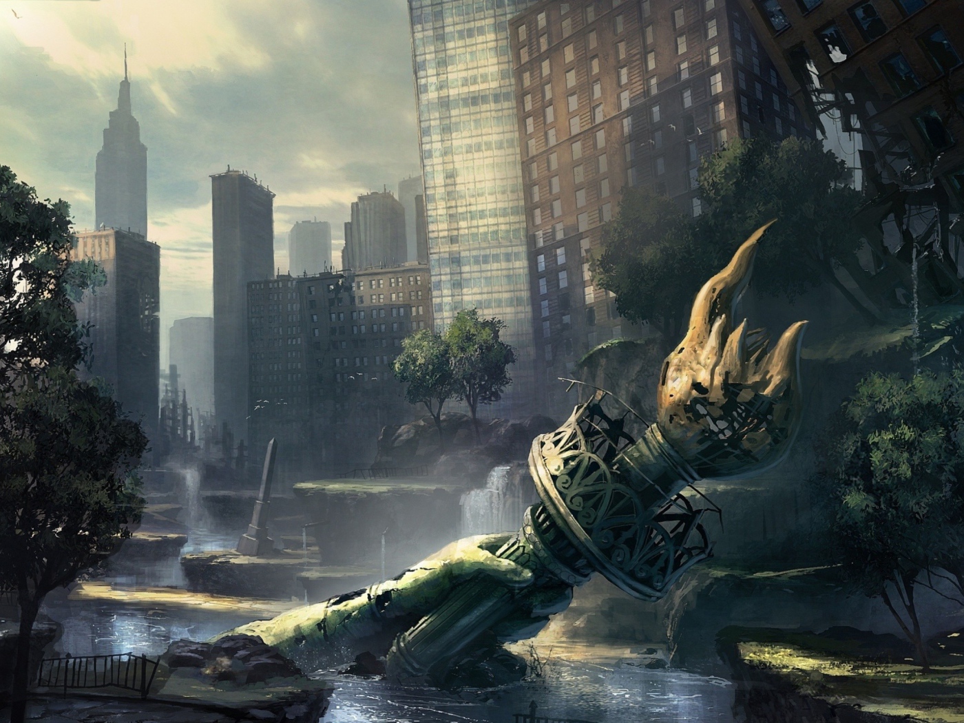 Рука с факелом от статуи Свободы в руинах Нью-Йорка