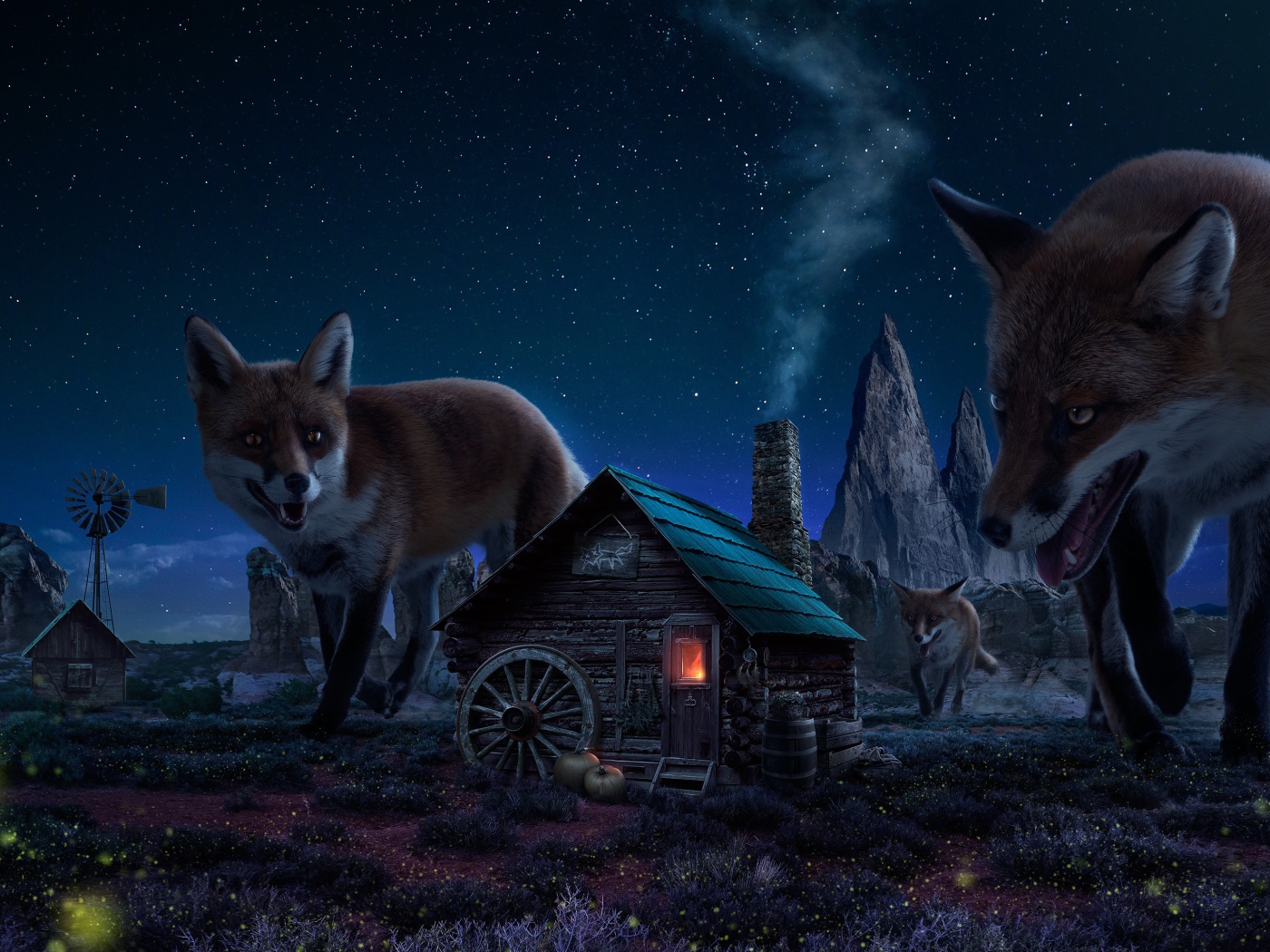 Огромные лисы в деревушке