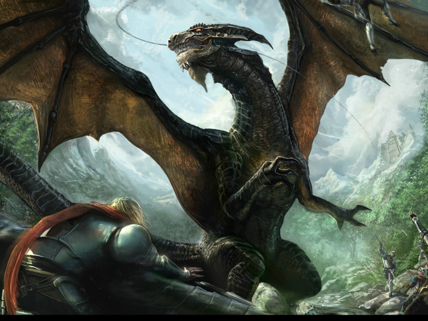 Рыцари в латах ведут бой с драконом