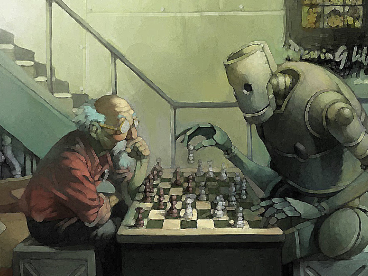 Робот играет в шахматы с пожилым мужчиной