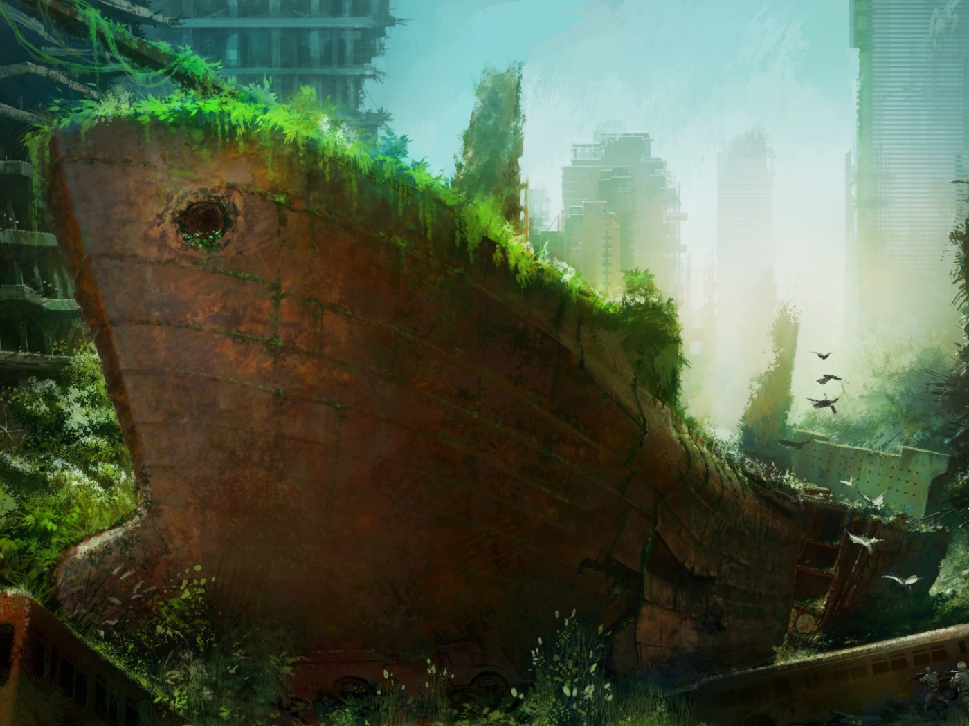 Ржавый корабль среди руин небоскребов