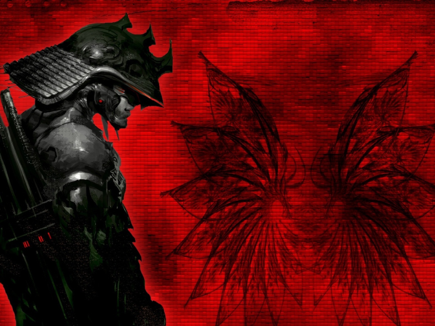 Самурай в доспехах на красном фоне