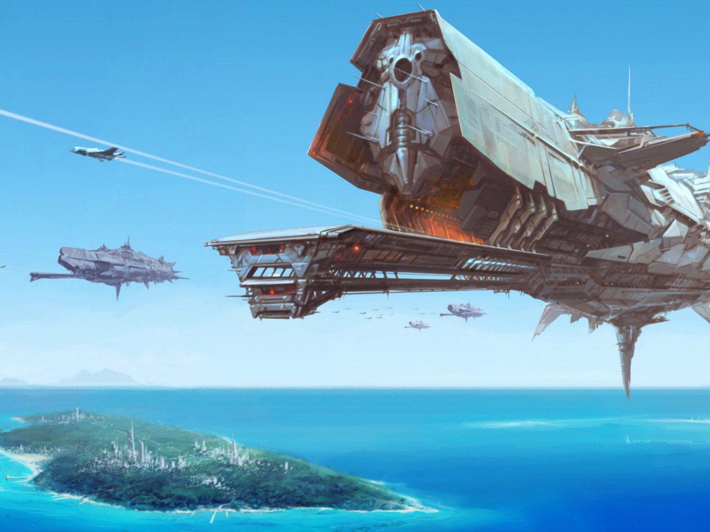 Космический корабль над островом в море