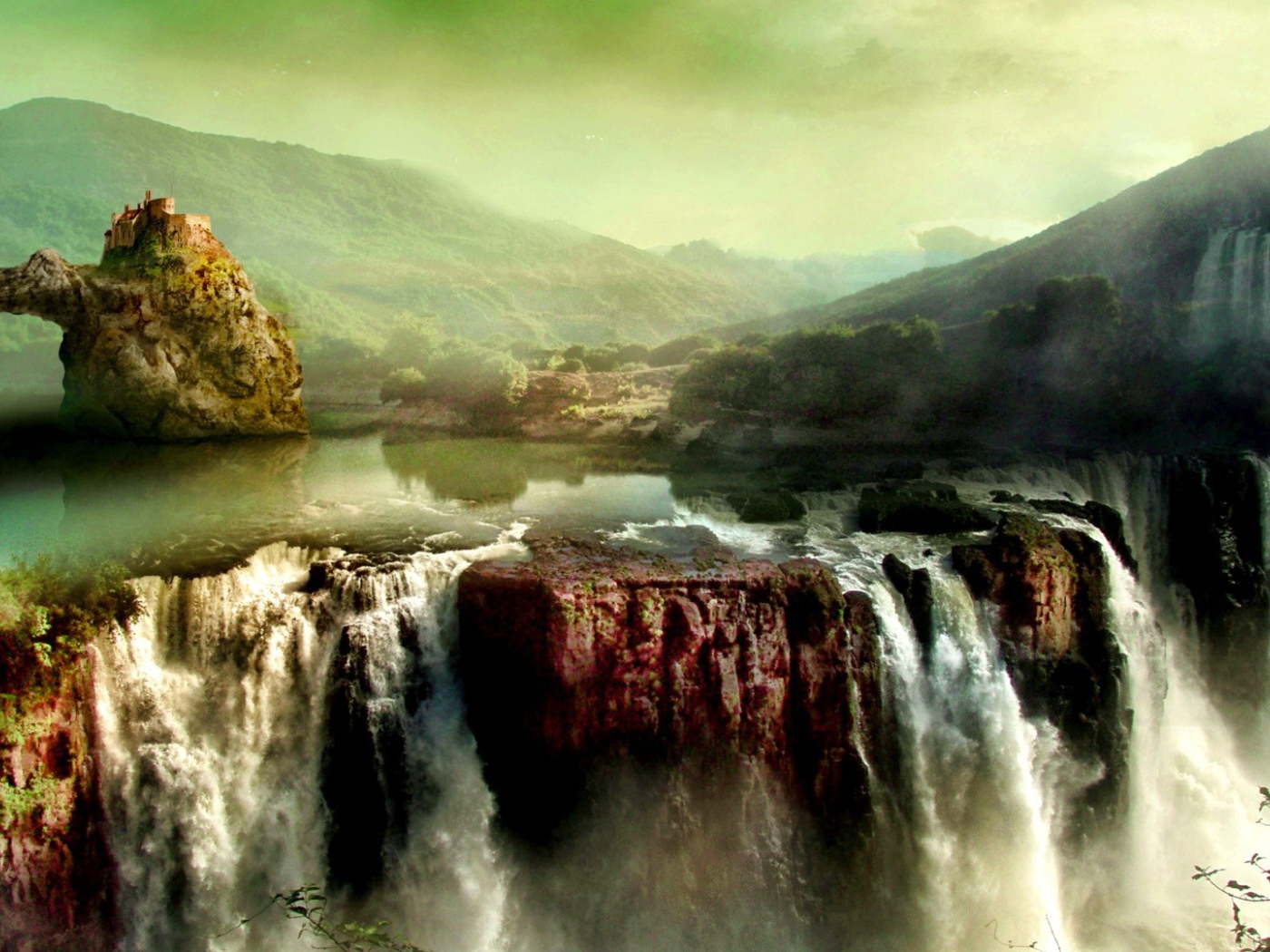 Замок на скале над водопадом