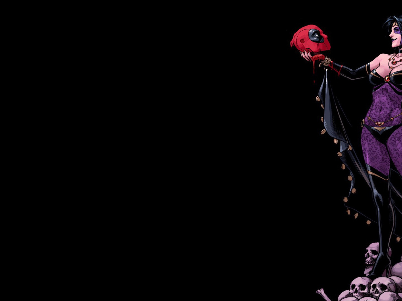 Девушка держит в руке голову Дэдпула