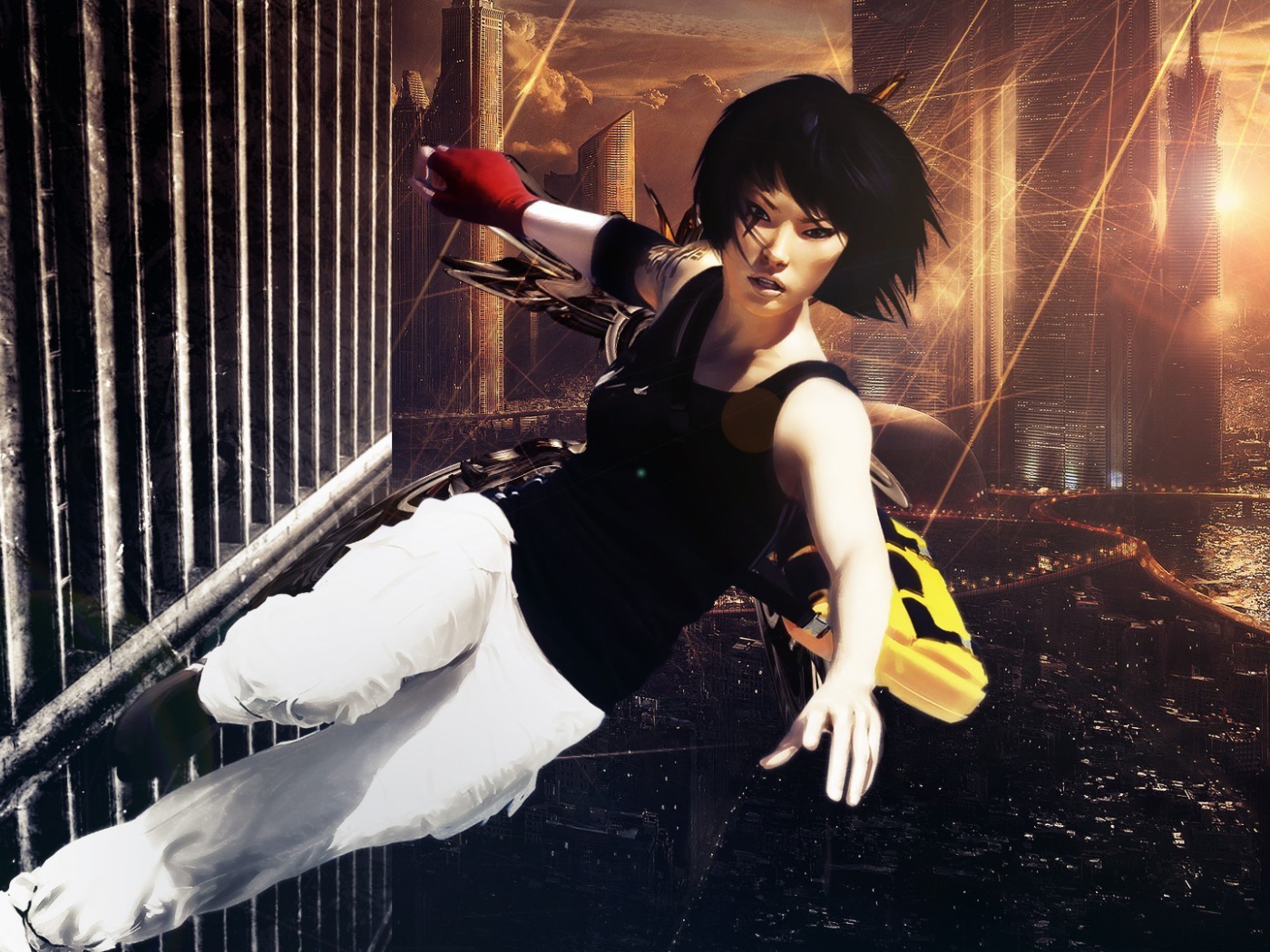 Девушка бежит по стене небоскреба