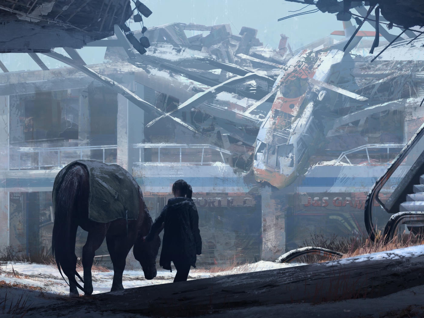 Девушка с лошадью в руинах аэропорта