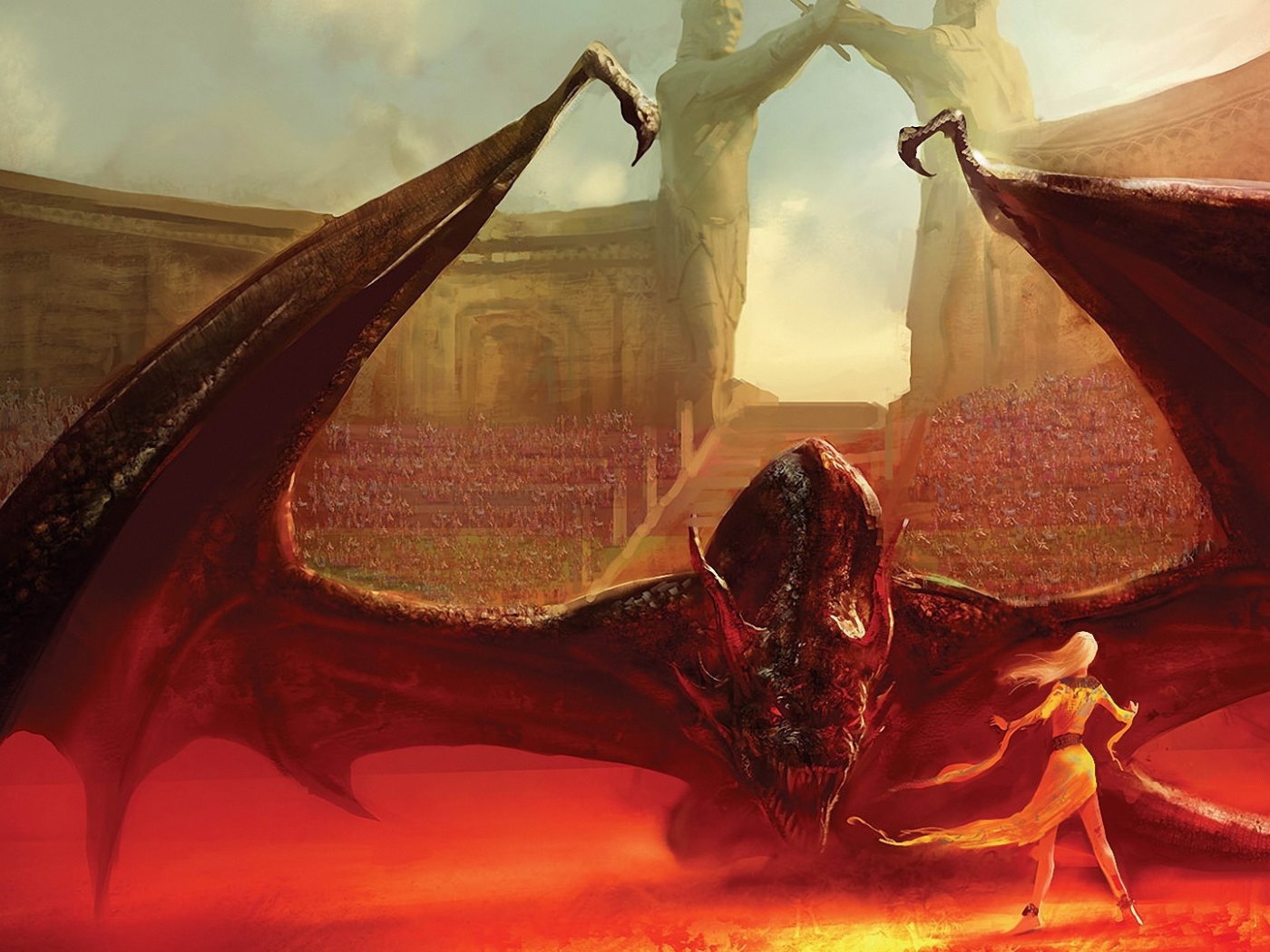 Девушка сражается с драконом на арене