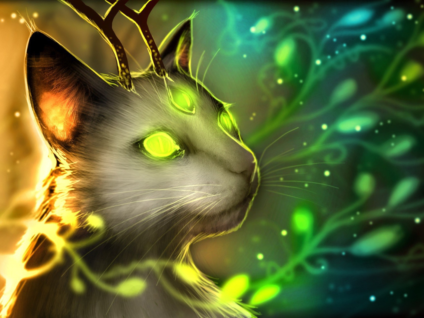 Зеленоглазый кот с рогами оленя