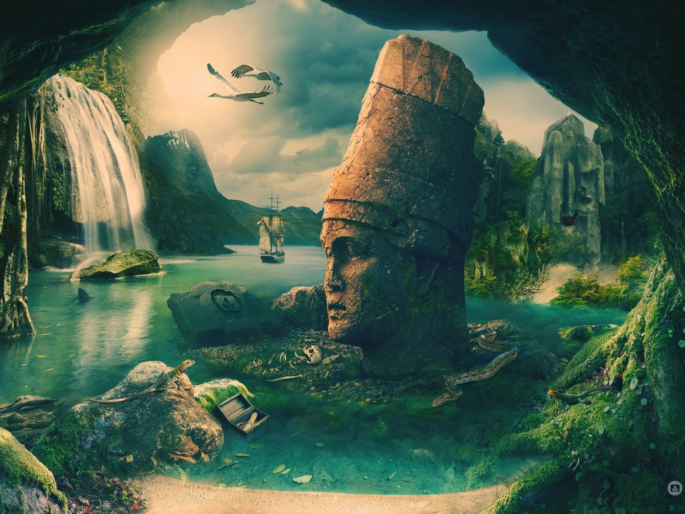 Голова от большой статуи в руинах Атлантиды