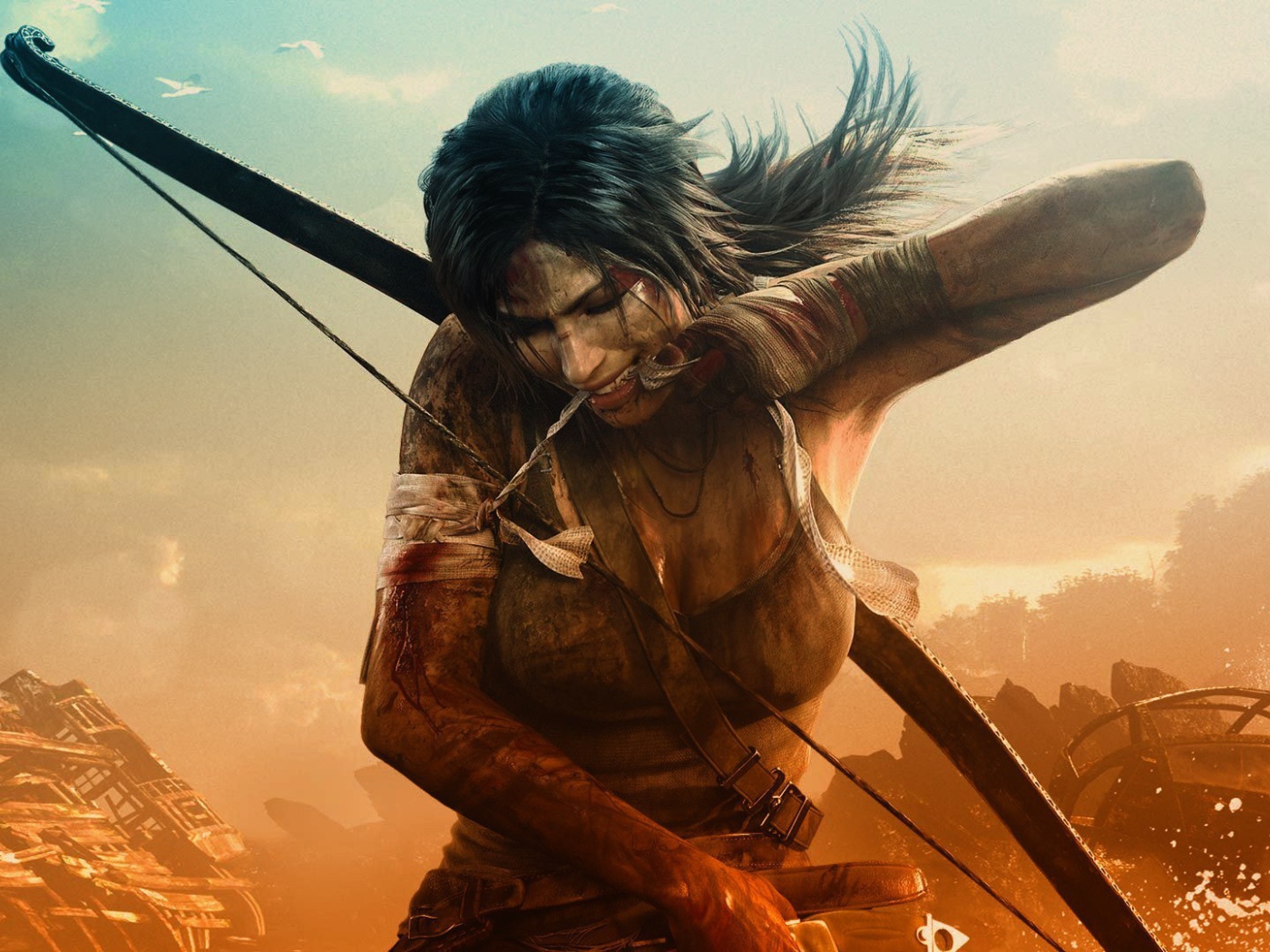 Лучница перевязывает рану в игре Tomb Raider